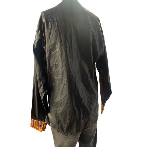 Marchal's Designs Men's Black and African Print Zipper up Shirt Size M SKU 3275 - Picture 2 of 6